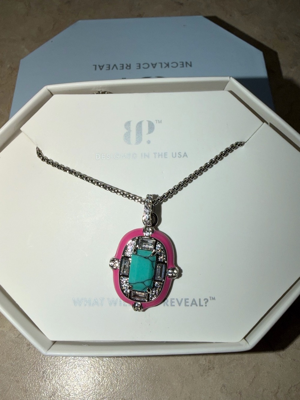 BP Brand New OG Necklace-Tan Lines & Sparkle Turquoise Magnesite on Rhodium